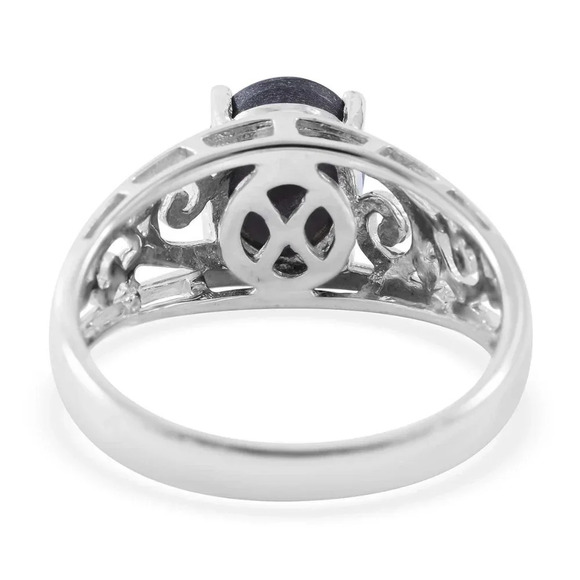 Black Cat's Eye Solitaire Ring In Platinum Over 925 Sterling Silver - Picture 4 of 5